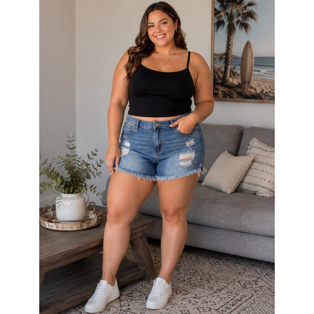 Distressed Frayed Hem Denim Shorts Medium Wash High Rise 2XL LC786044